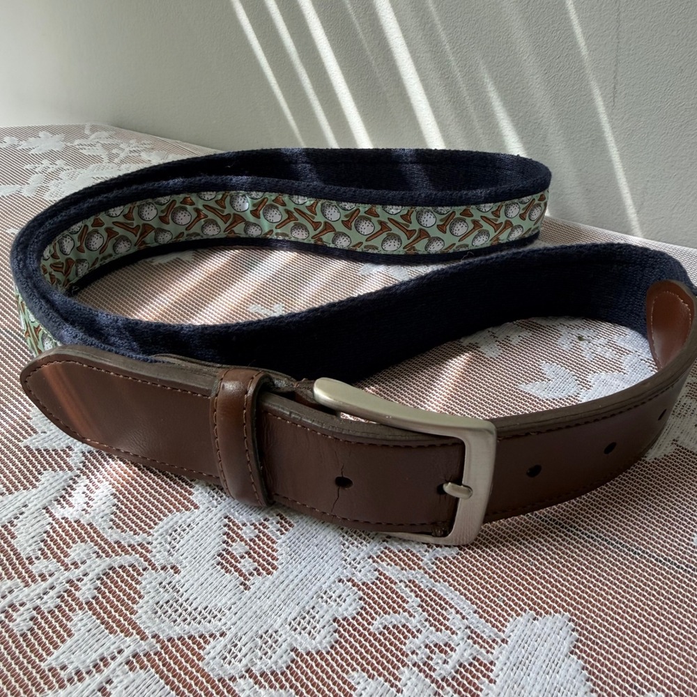 Tommy Bahama Golf Belt Mens XL 42-44 Navy Brown Woven Golf Ball Tee Good
